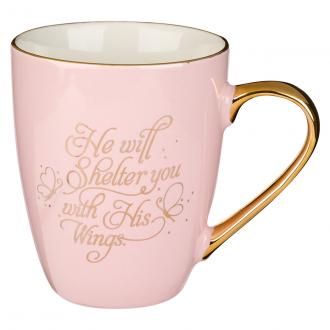 Kopp - He Will Shelter You, Pink and Gold Ceramic Mug - Psalm 91:4